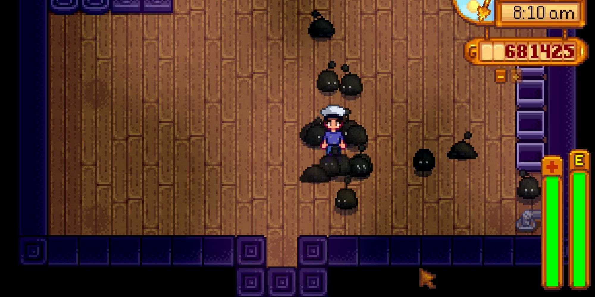 a farmer with black slimes in stardew valley