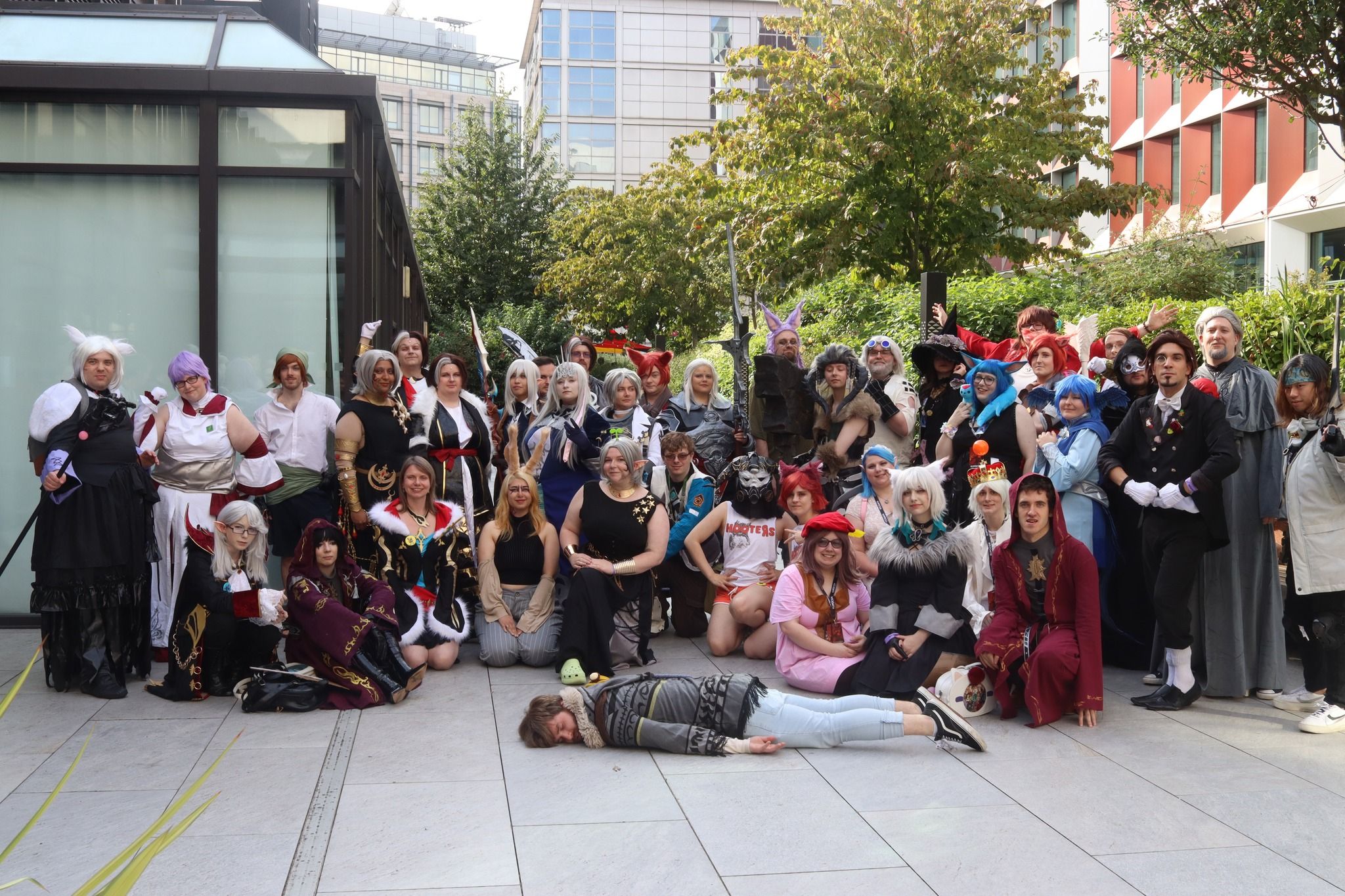 A group shot of lots of Final Fantasy 14 cosplayers.