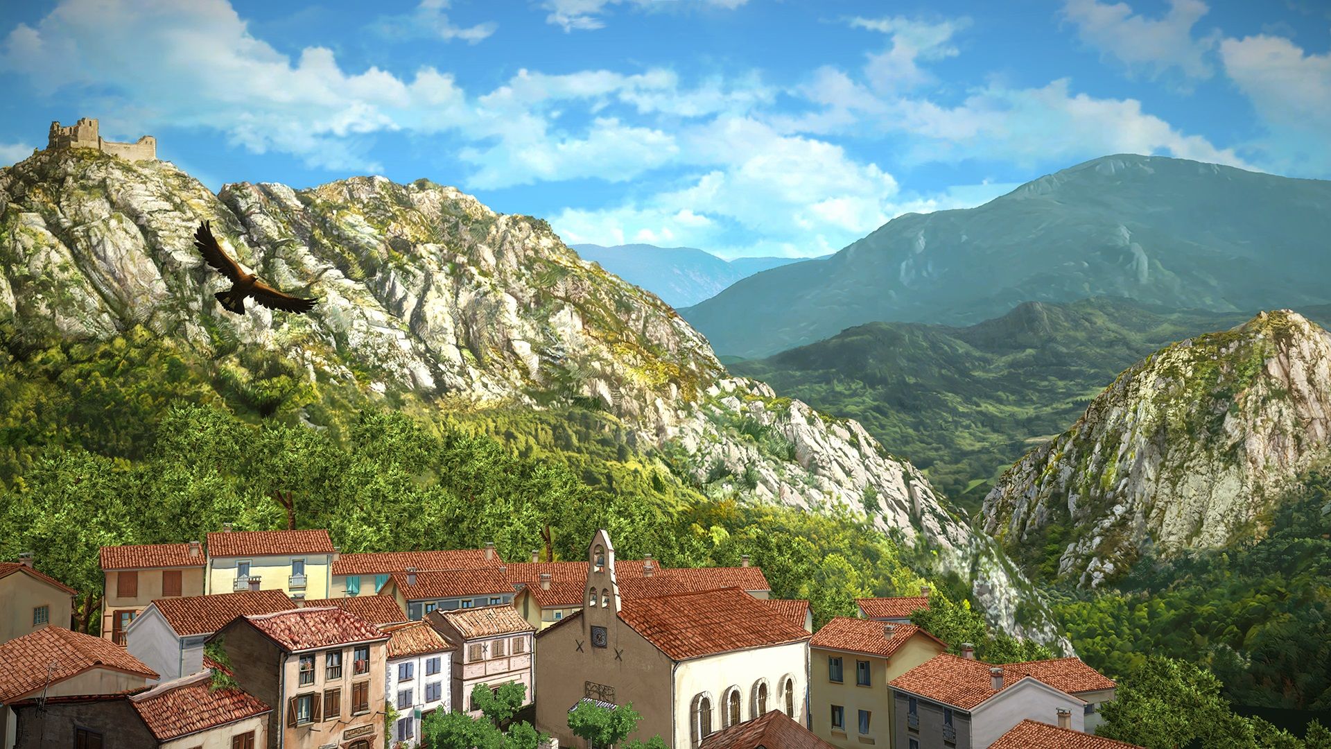 A village and mountain scenery in Broken Sword Parzival's Stone.