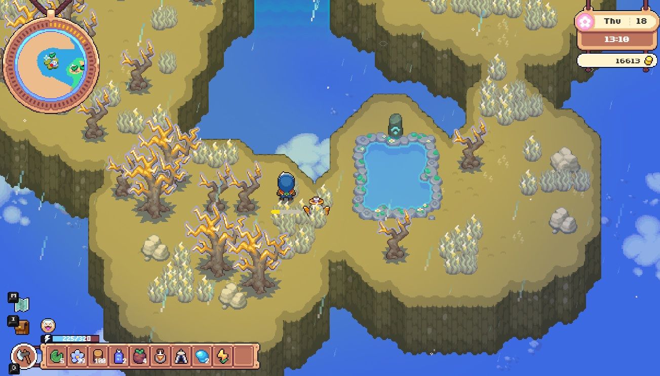 Player character on a muted yellow island with lightning shaped trees and in the top left corner of the screen, a bright blue circle is lit up around their minimap in Moonstone Island.