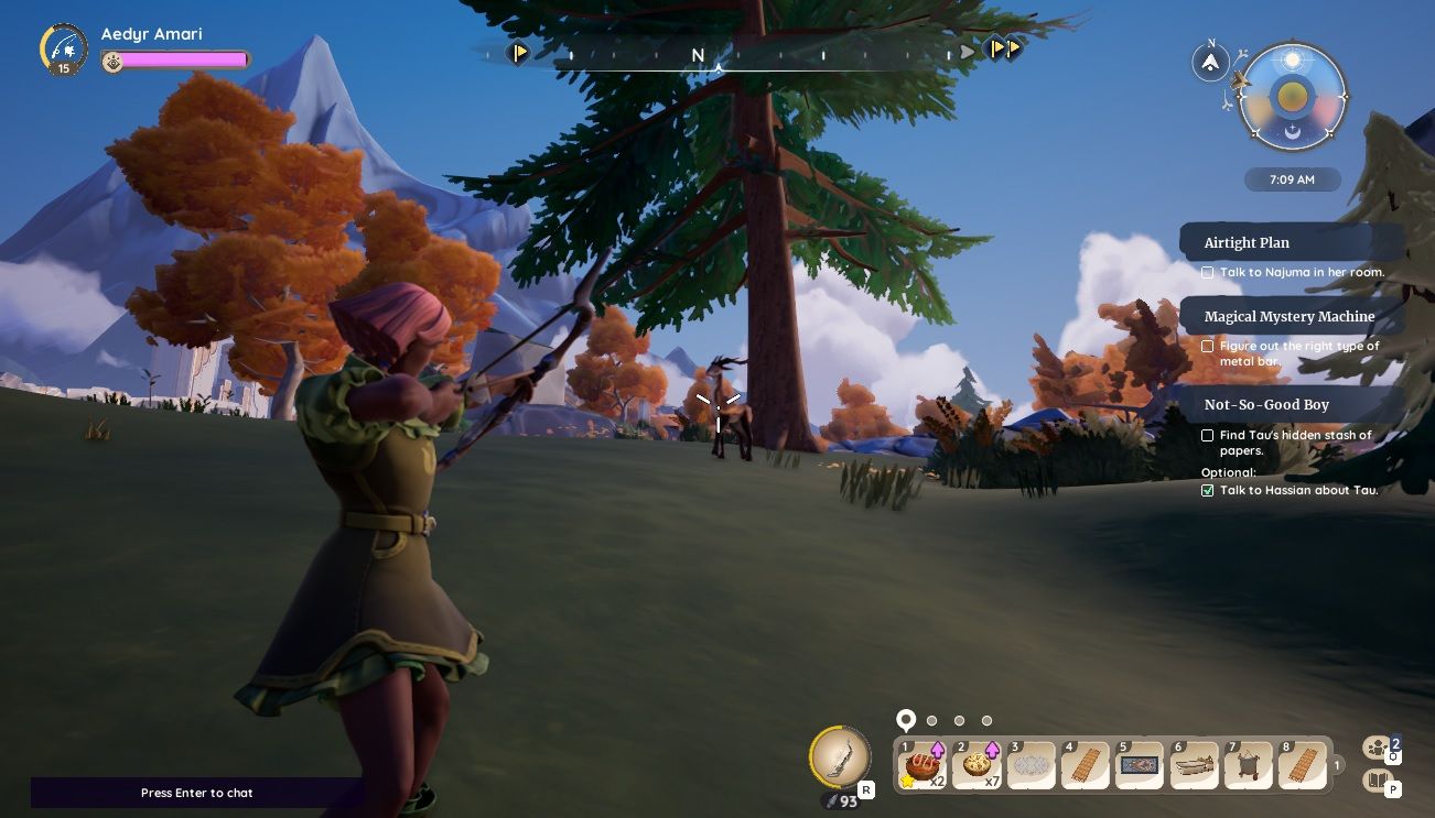 Player character aiming at an Elder Sernuk with a Fine Bow in southern Bahari Bay during the morning in Palia.