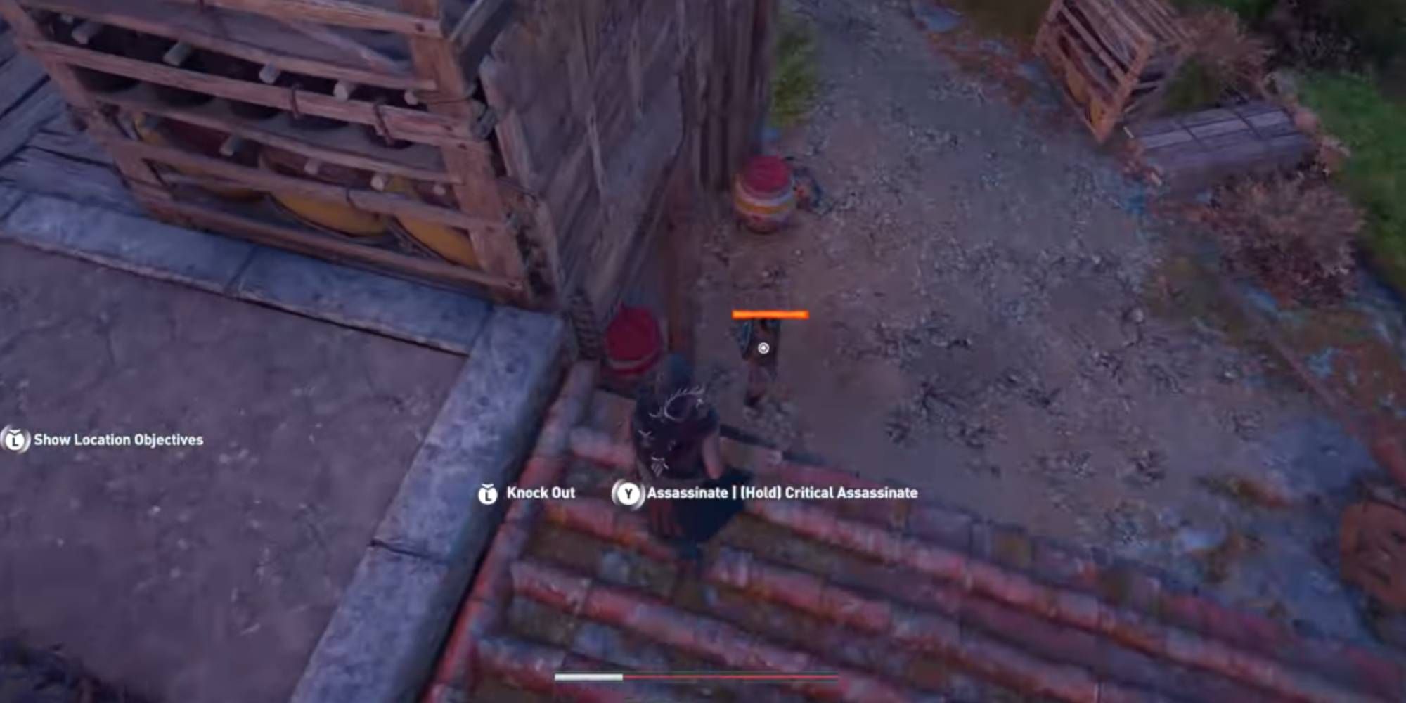 Alexios About to Stealth Attack an Enemy From Above in Assassin's Creed Odyssey