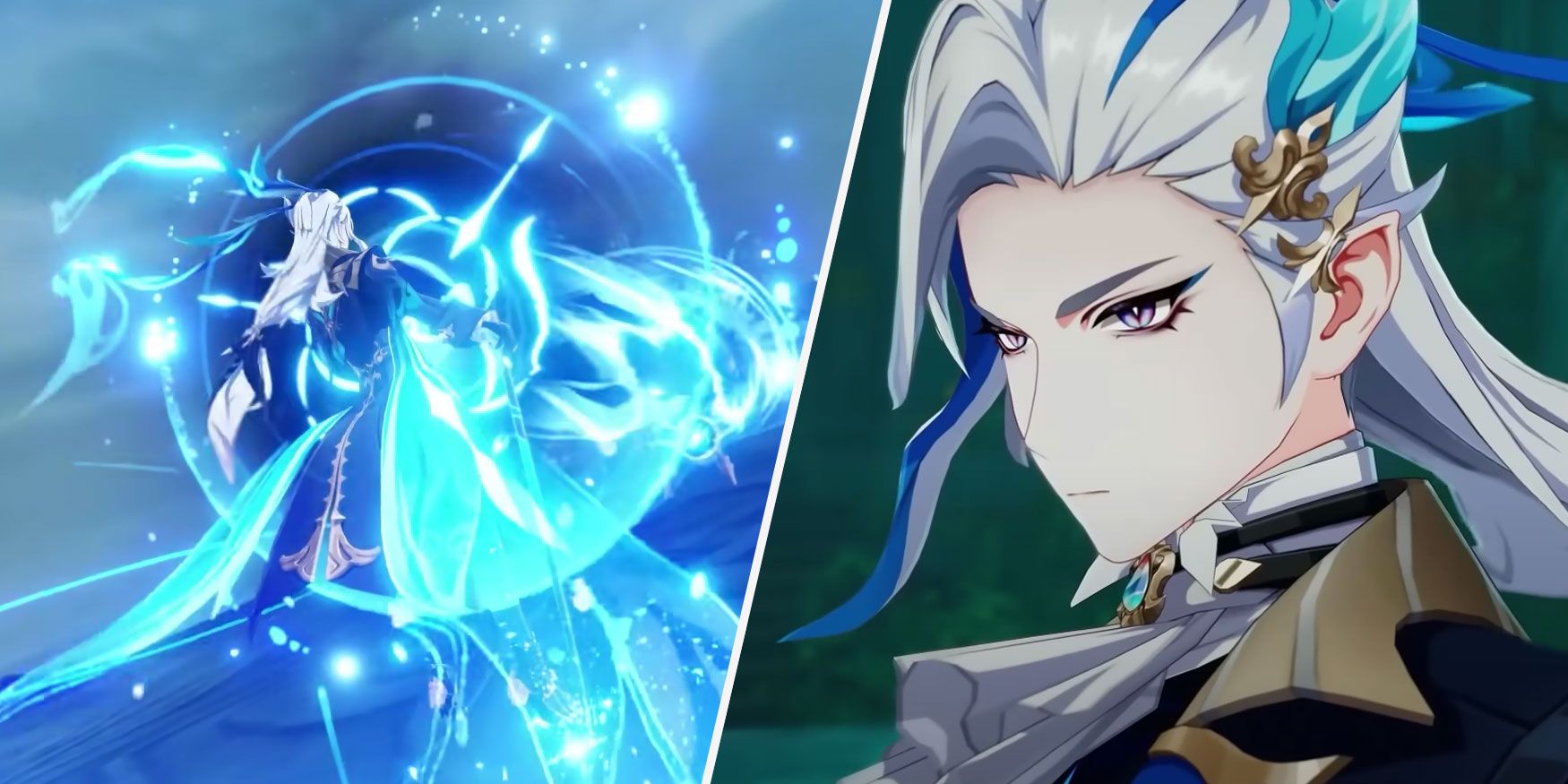 An-image-split-in-two-showcasing-Genshin-Impact's-Neuvillette's-combat-animation-on-the-left,-and-an-image-of-him-looking-serious-on-the-right