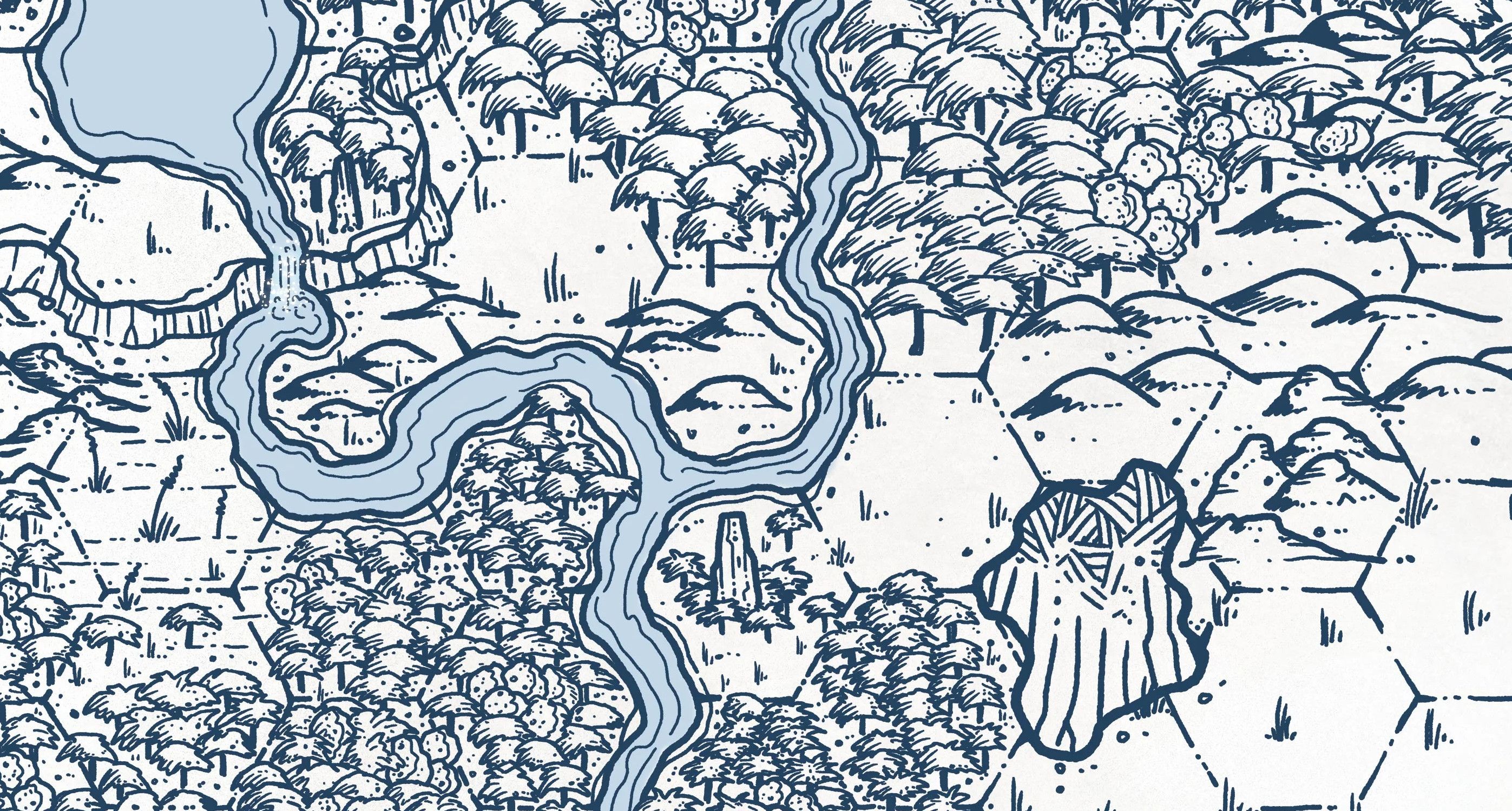 Pencil-sketch style hex map of a wooded area with several hills. The western region of the map has a river that feeds into a lake in the northwest corner.