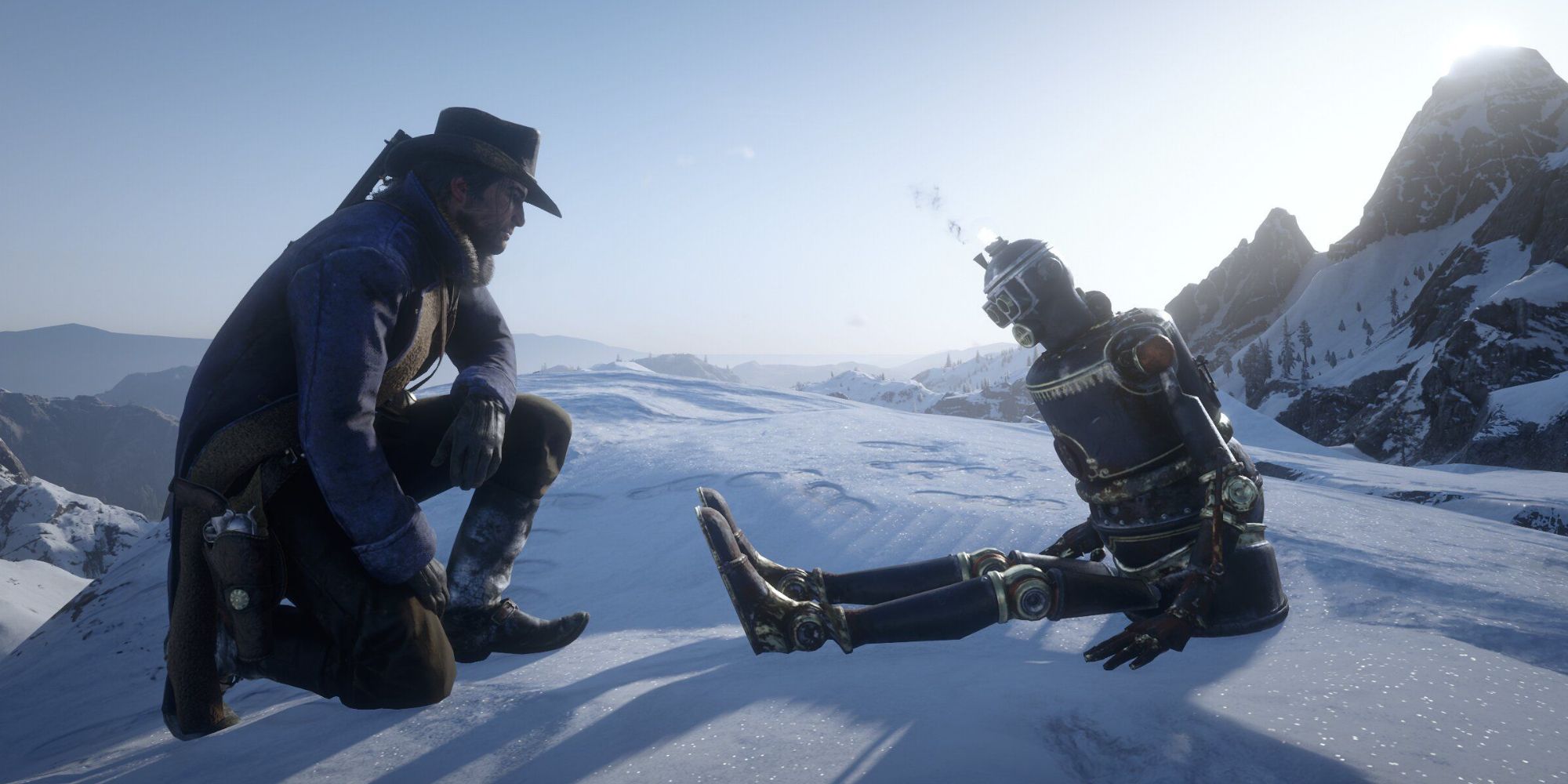 Arthur Morgan and a robot sat in snow in RDR
