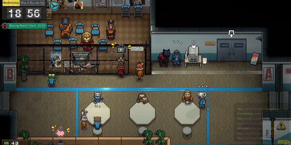 Characters playing games and watching TV in the jail's main building