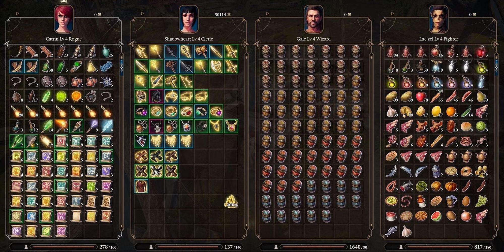 Baldur's Gate 3 inventory screen showing every character carrying tons of items