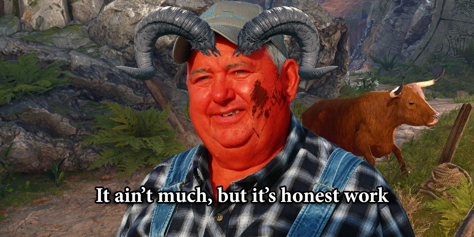Baldurs Gate 3 tiefling horns on 'it aint much but its honest work' meme