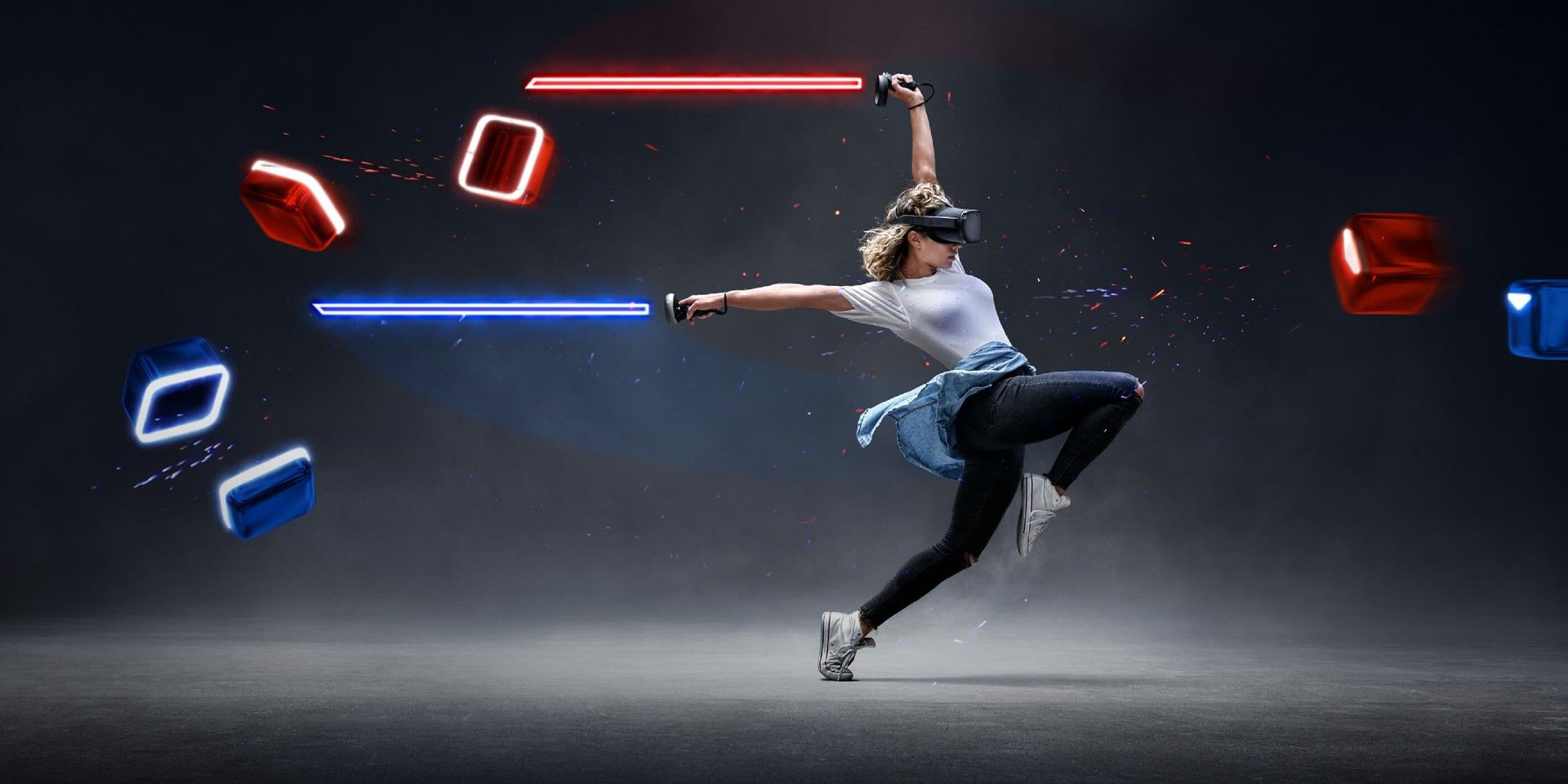 A promotional image of a woman playing Beat Saber
