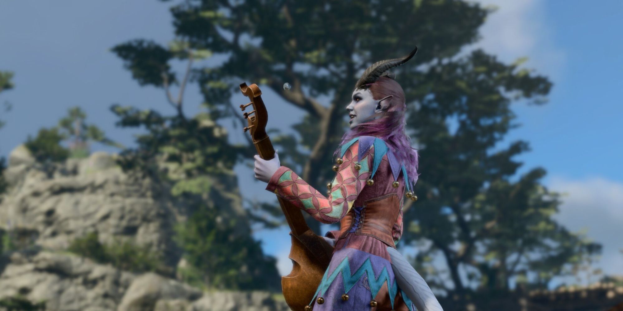 A Tiefling bard with festive, multicolored clothing playing a lute.