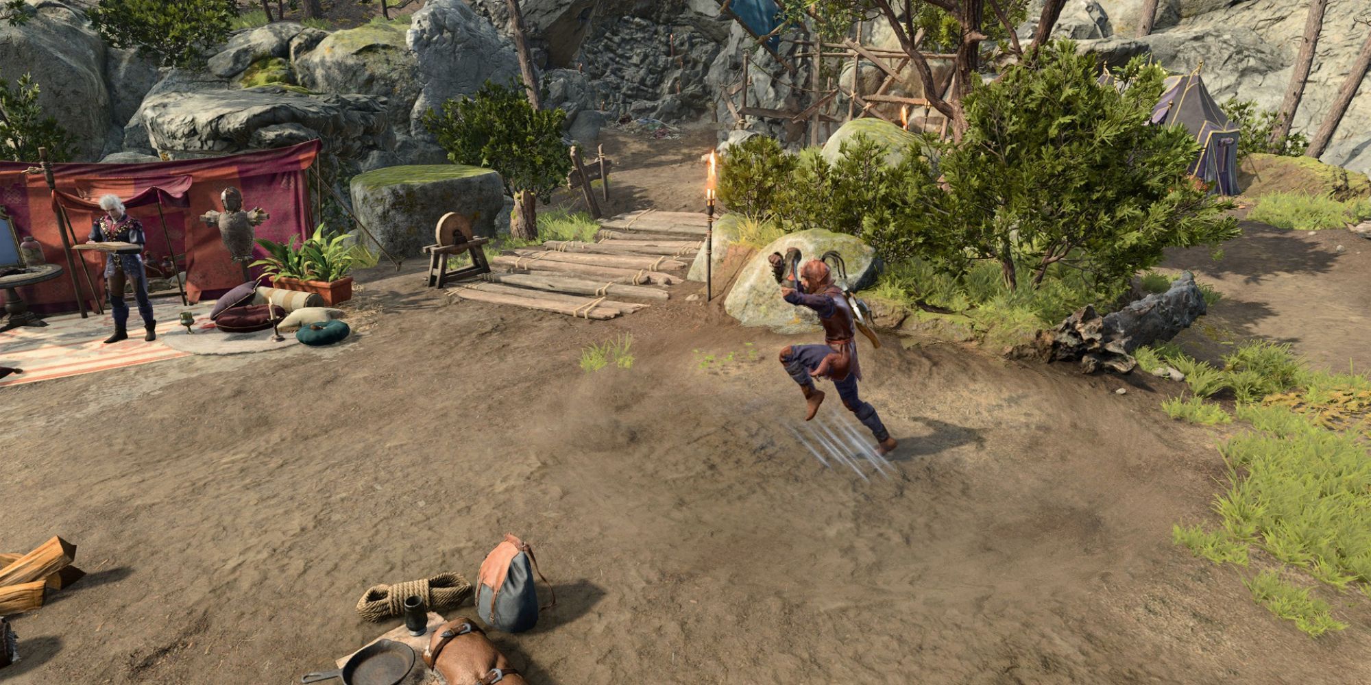 A rougue in brown leather armor begins a leap from one part of the screen to the other.