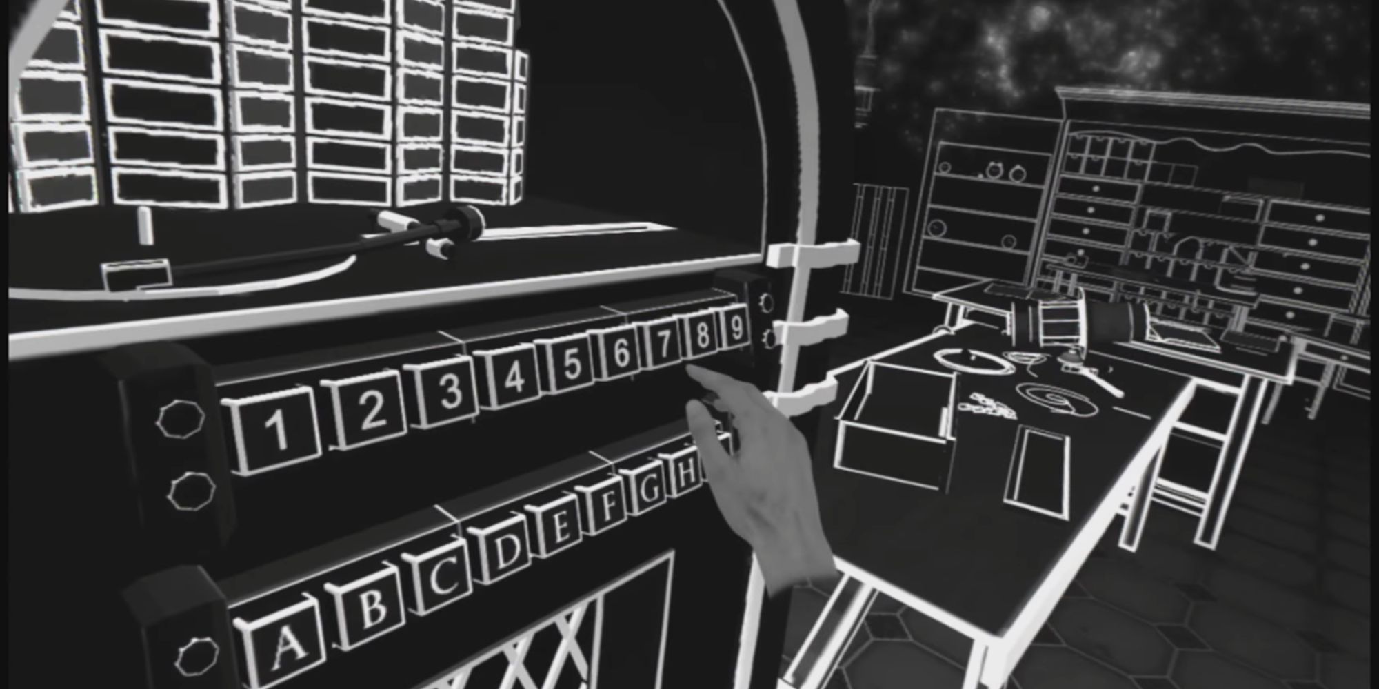 Blind - player using a jukebox in a large room