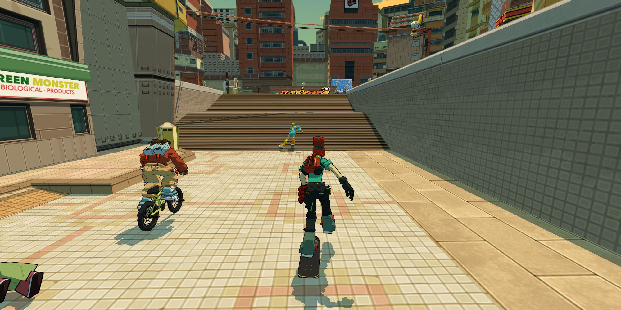 Tryce, Bel, and Red skating through new amsterdam in Bomb Rush Cyberfunk.
