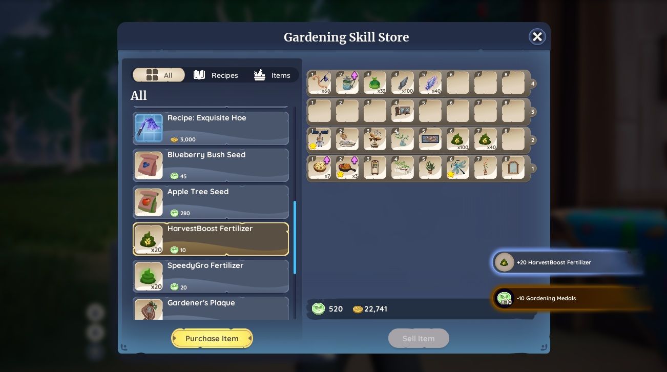 Player character in Badruu's Gardening Guild store inventory and purchasing a set of 20 HarvestBoost Fertilizer for 10 Gardening Medals in Palia. 