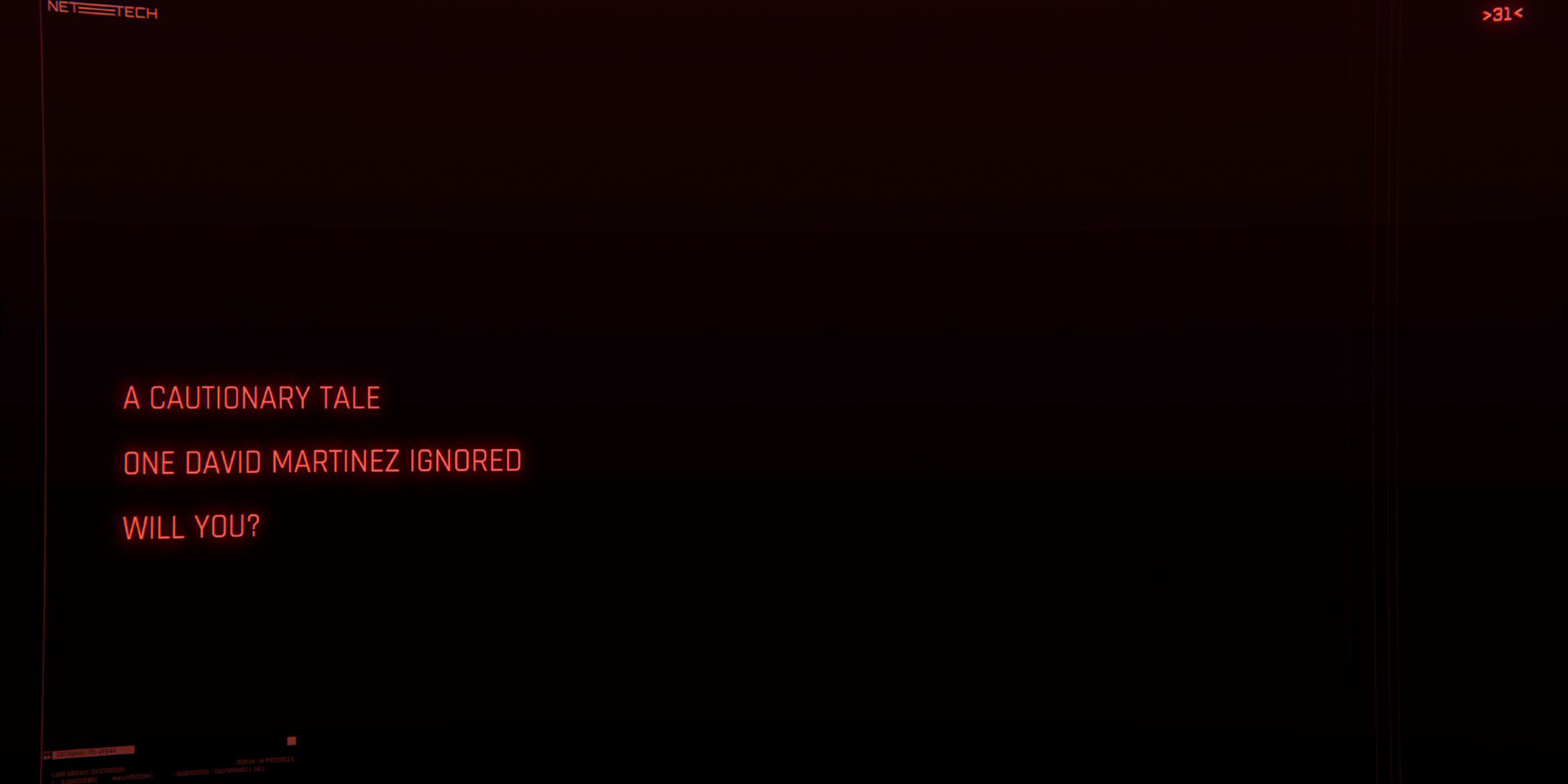 A braindance showing a cryptic message in Cyberpunk 2077.