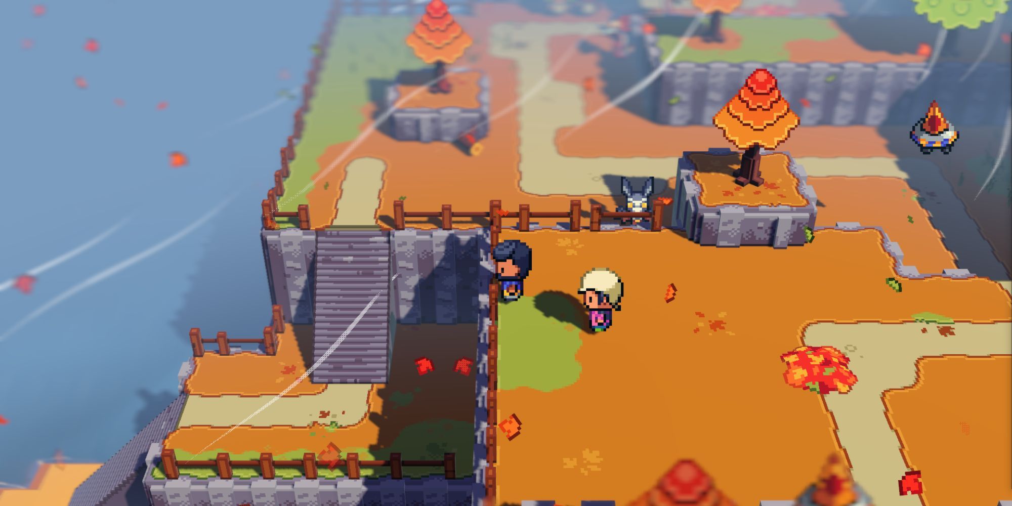 Two characters face the ocean while standing behind a fence