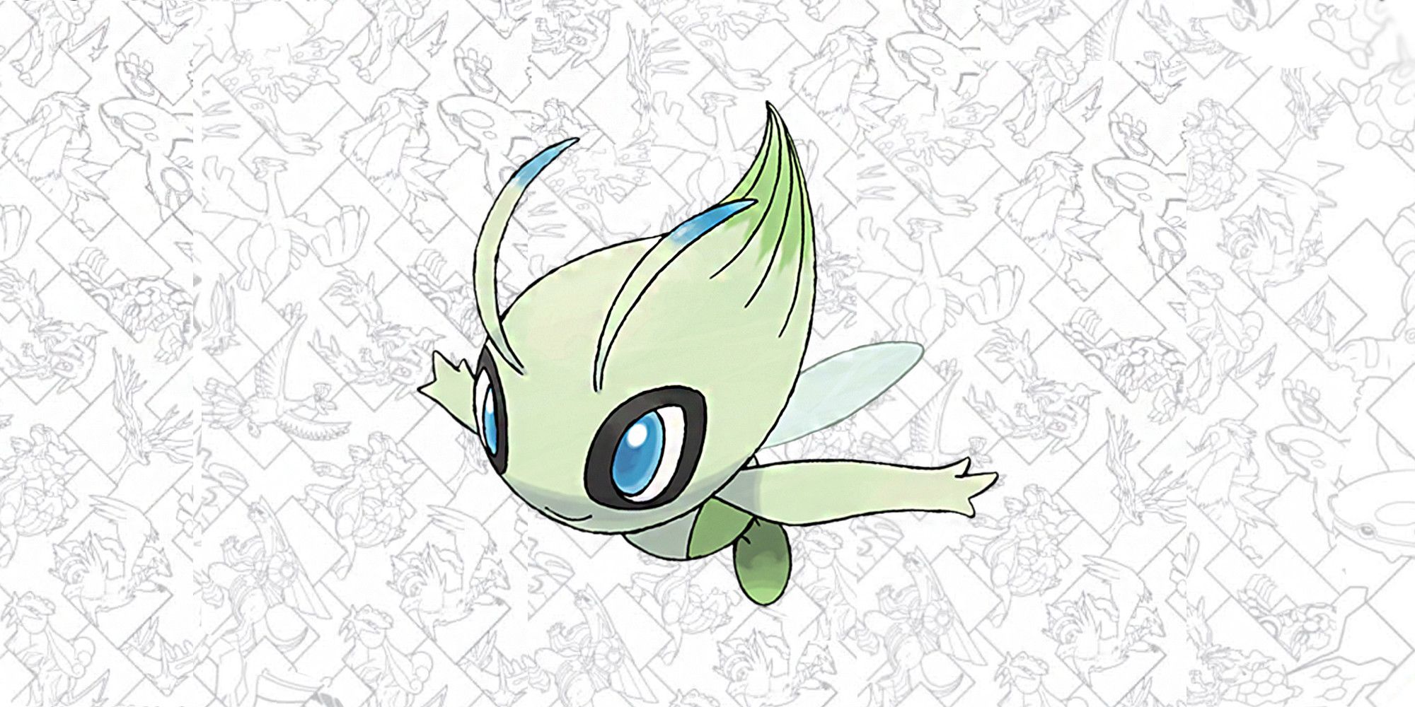 Celebi on a stencilled Pokemon background.