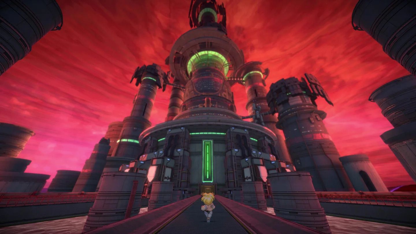 Claude approaching a technological reactor against a red sky background in Star Ocean