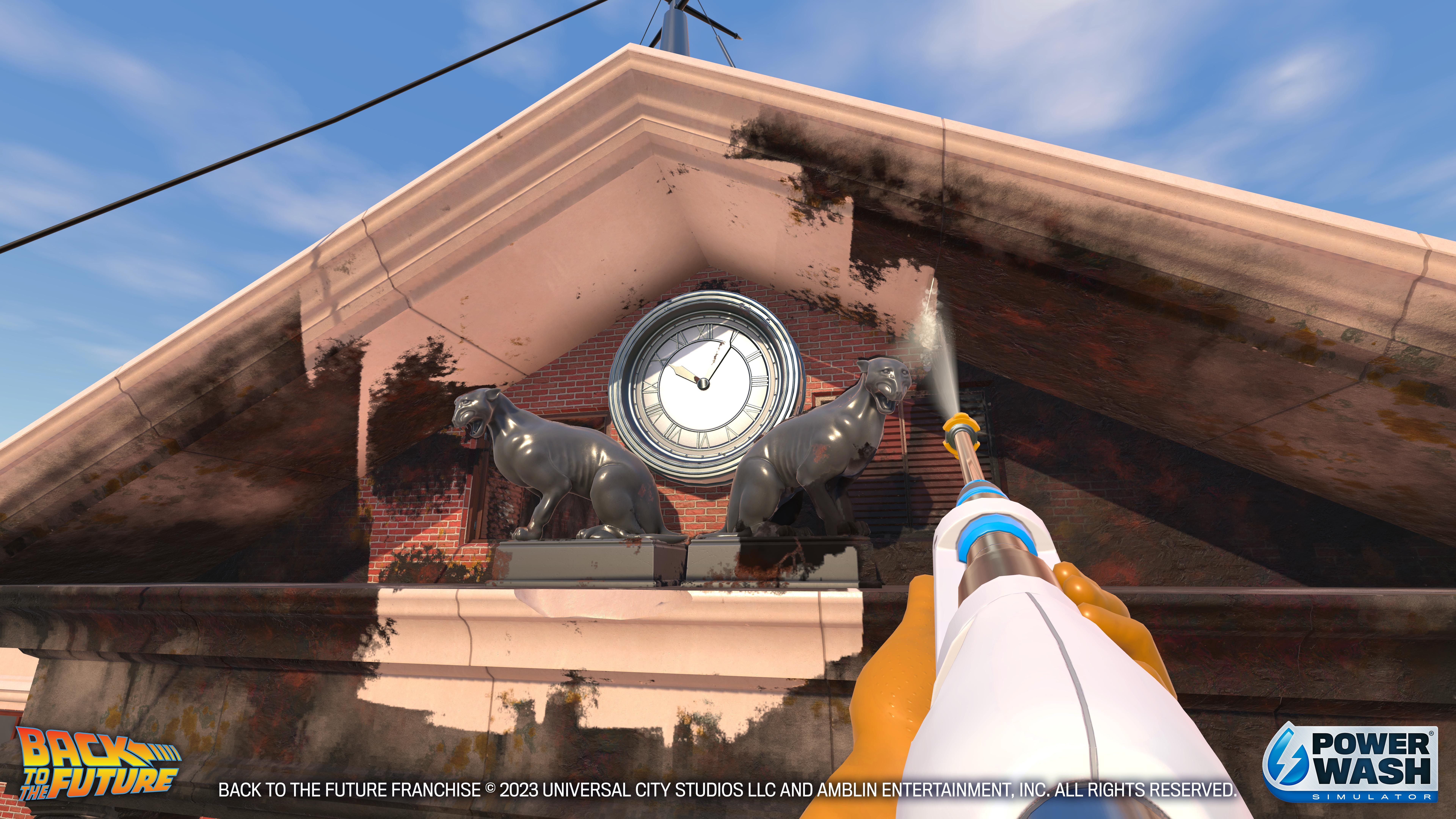 Cleaning the clock tower in PowerWash Simulator's Back to the Future DLC.