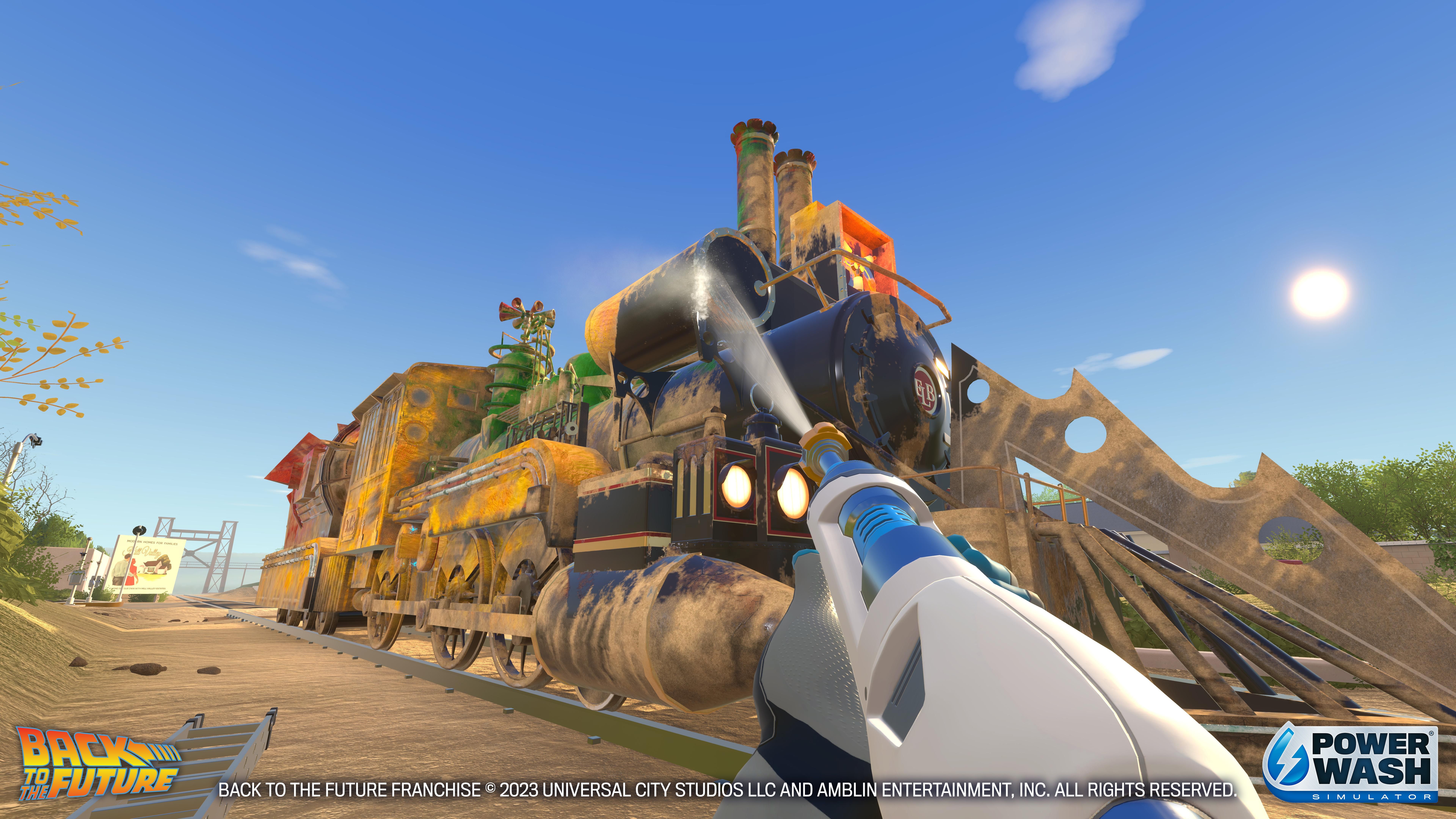 Cleaning the time train in PowerWash Simulator's Back to the Future DLC.