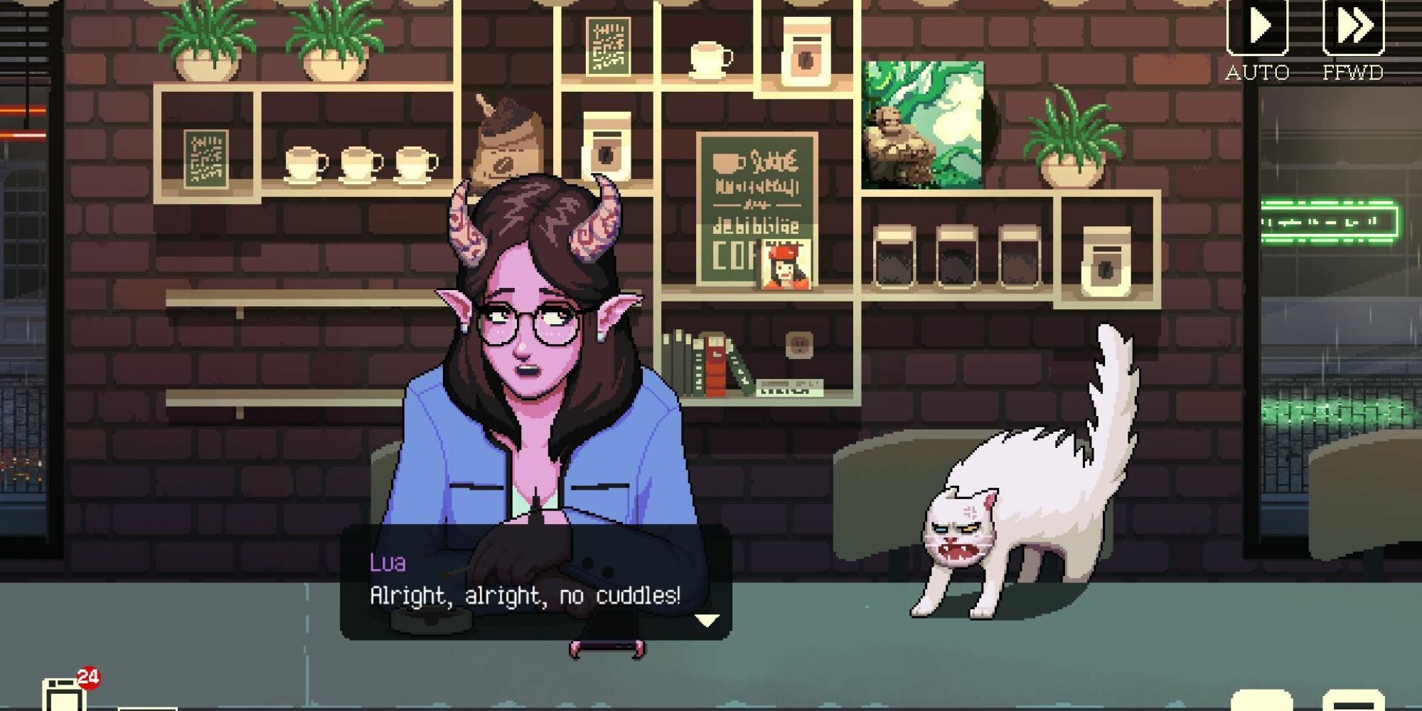 Lua sits beside an angry cat