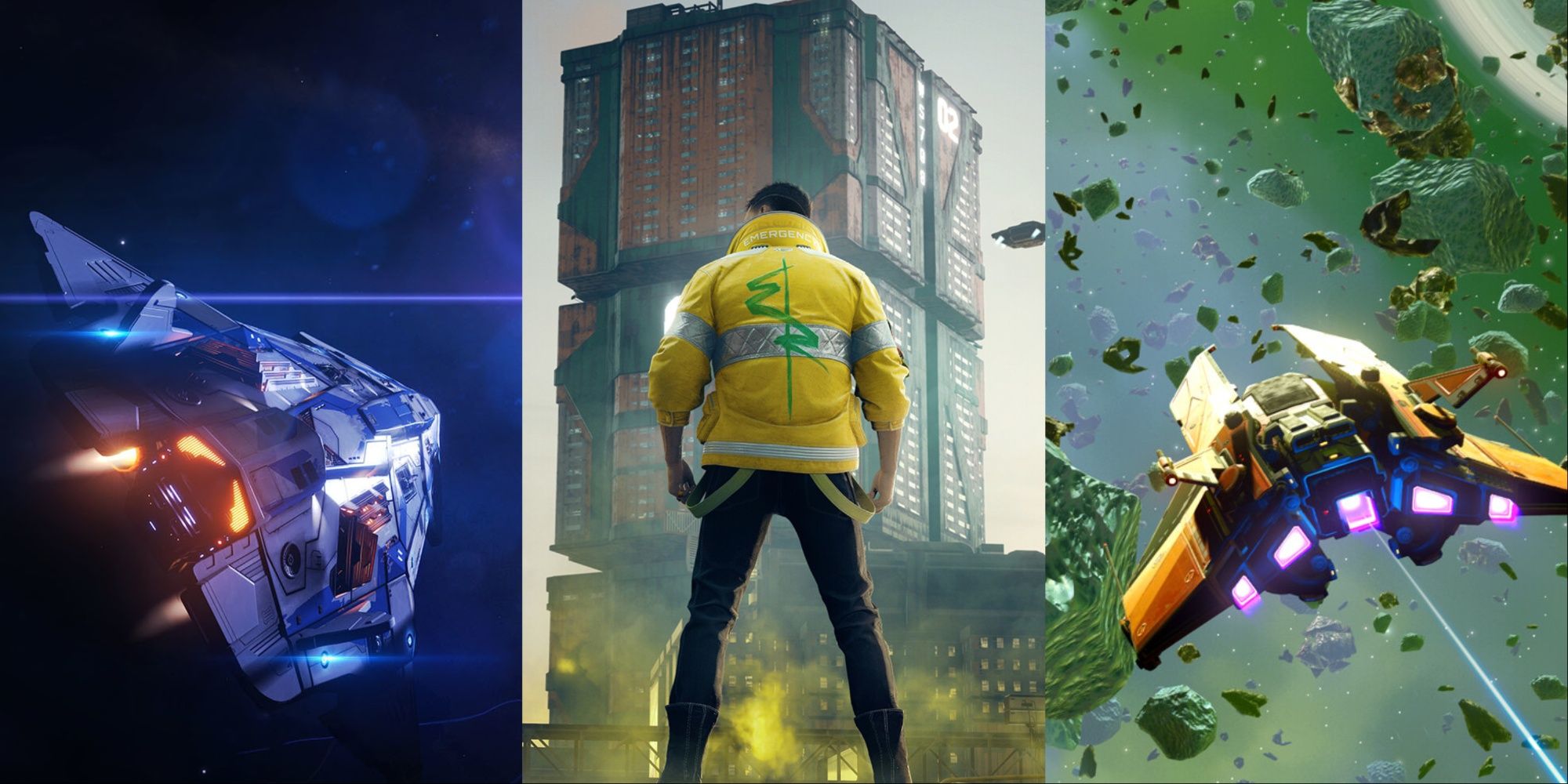 split image showing two space ships next to a shot of the back of V from cyberpunk 2077