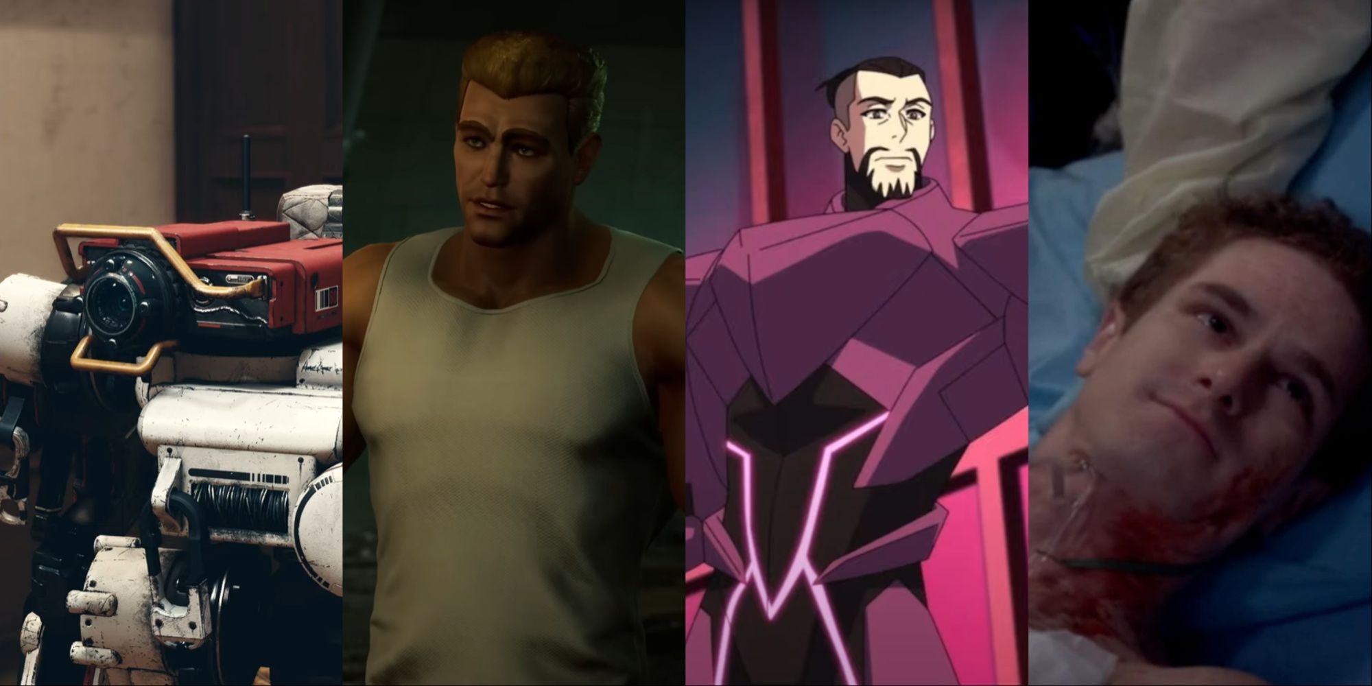 Four-image collage of Vasco in Starfield chatting with Constellation members, Eddie Brock in Marvel's Midnight Suns, Dr. Ivo in My Adventures with Superman, and actor Jake Green playing a character on a show.