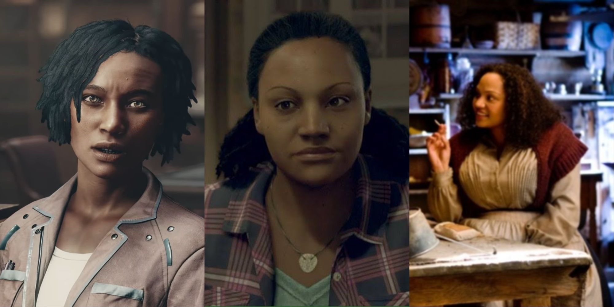 Three-image collage of Noel talking to the player in Starfield, Rose from Detroit: Become Human, and Dana Gourrier in Tarantino's The Hateful Eight as Minnie.