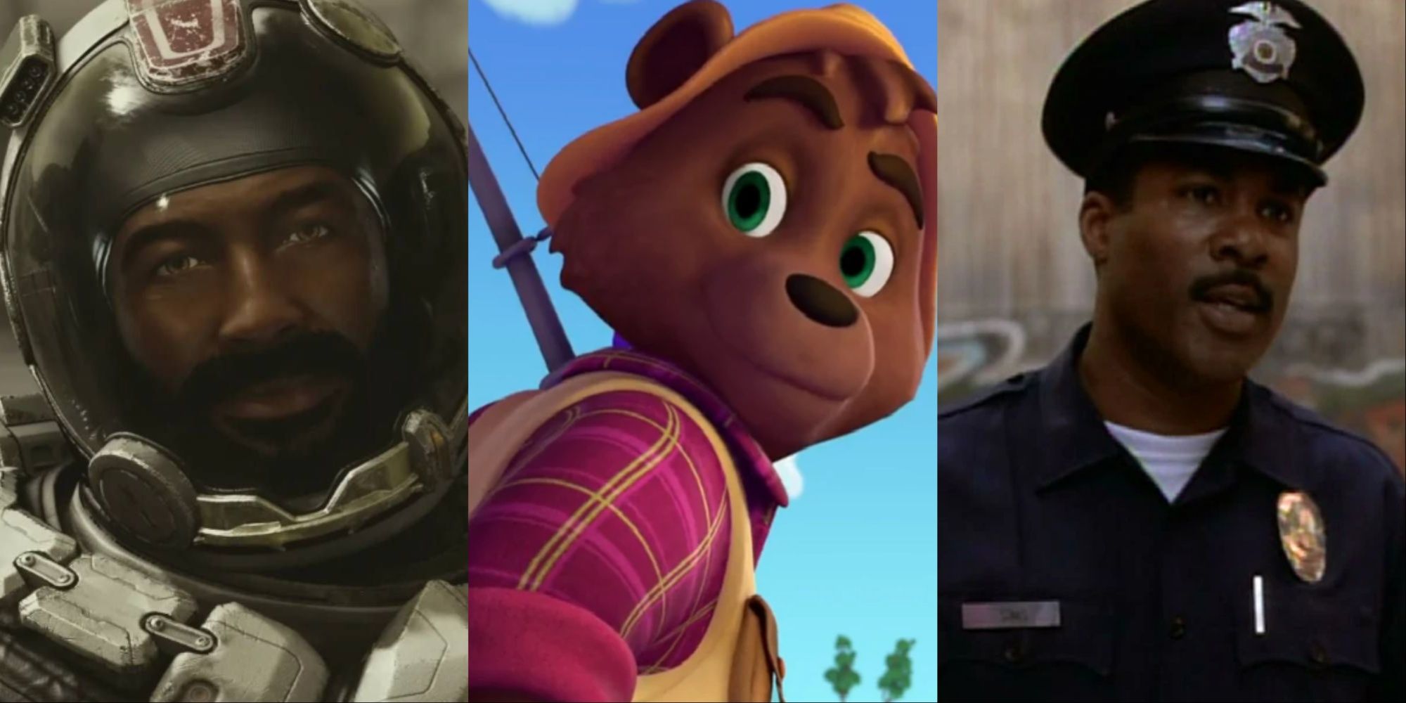 Three-image collage of Barrett in Starfield with his helmet on, Papa Bear in Goldie and Bear, and Barry Wiggins portraying an officer on a TV show.