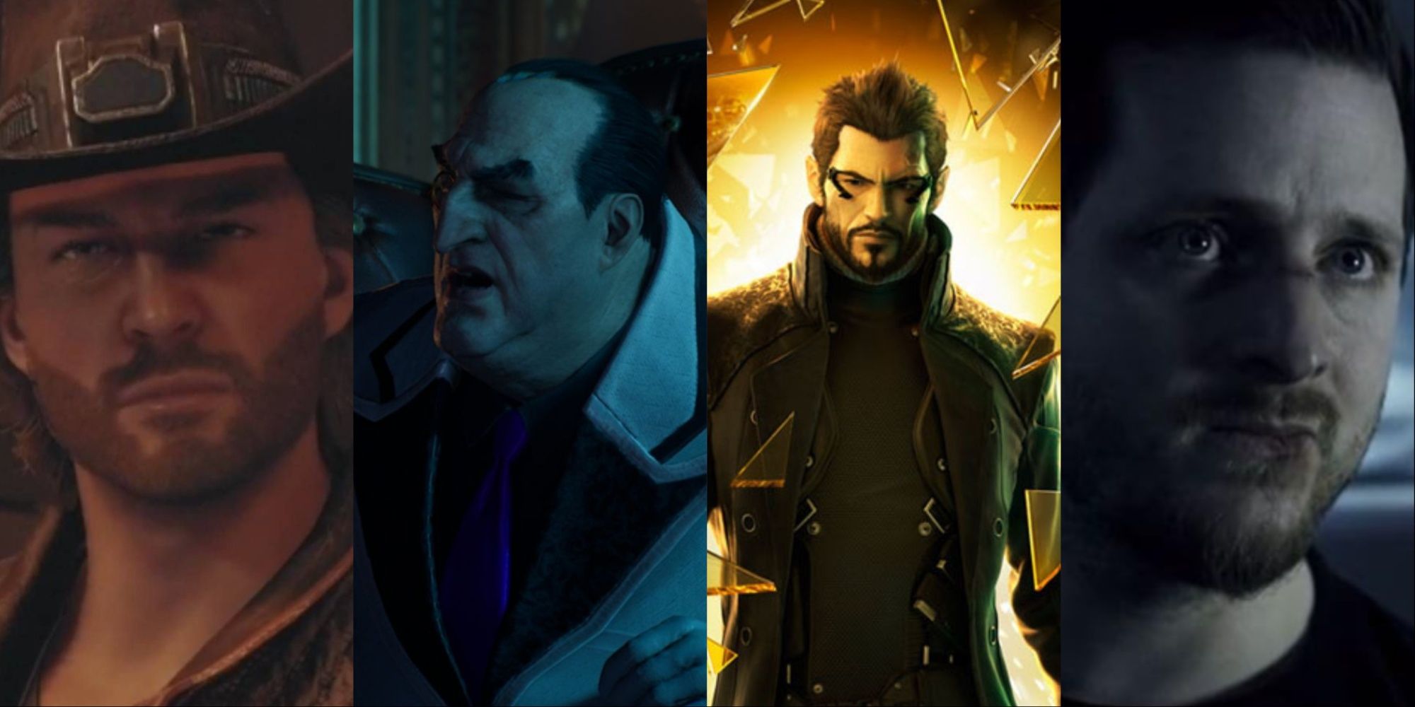Four-image collage of Sam Coe, Penguin from Gotham Knights, Adam Jensen on the cover art of Deus Ex: Human Revolution, and Elias' character on The Expanse.
