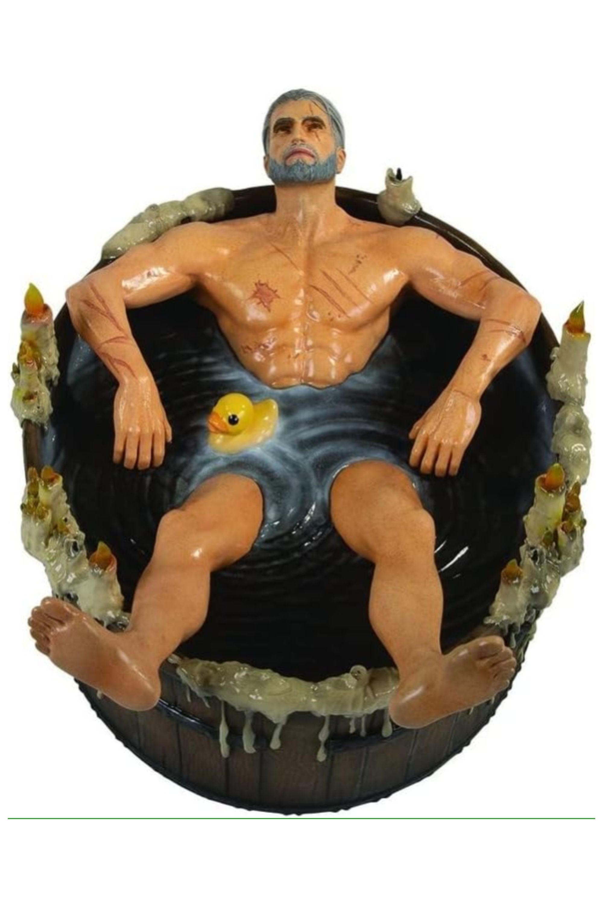 a statuette of the scene featuring geralt in a bathtub from the witcher 3