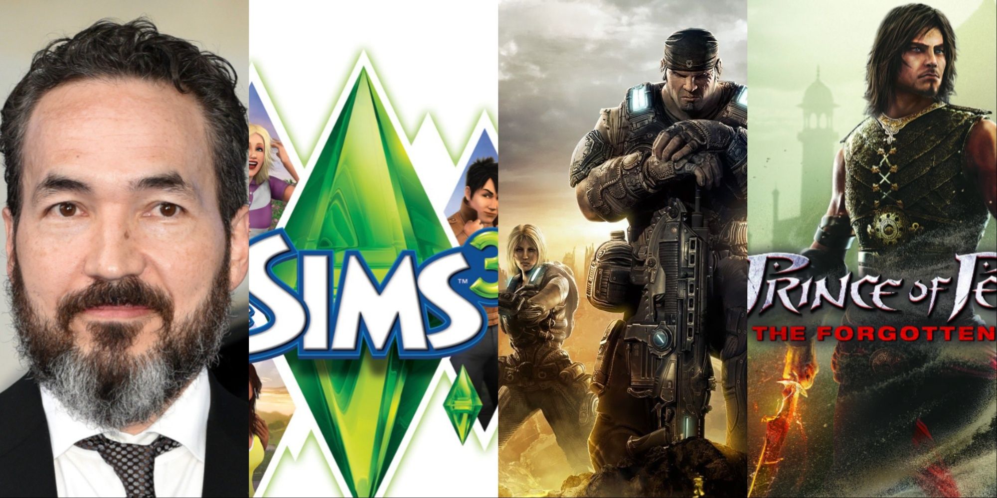 Four-image collage of composer Steve Jablonsky at an event, and the cover art for The Sims 3, Gears of War 3, and Prince of Persia: The Forgotten Sands.