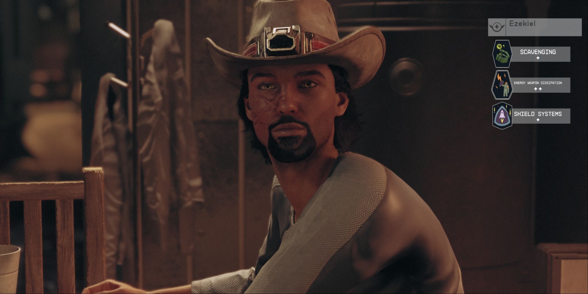 Ezekiel talking to the main character inside Aggie's Bar in Akila City, waiting to be recruited with his skill sets showing up on the screen.