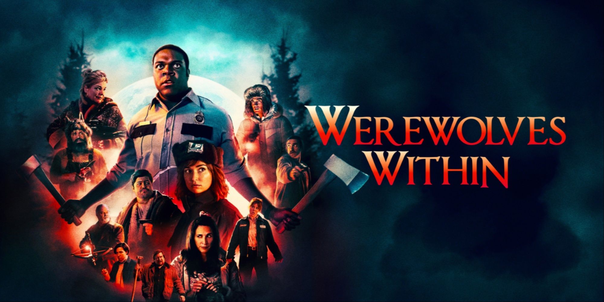 The main cover art for Werewolves Within, with the entire cast grouped in front of a full moon Star Wars-style and the film's title next to them.