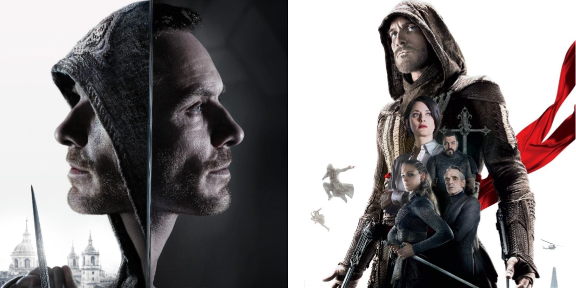 Split-image of two versions of the 2016 Assassin's Creed movie, with Michael Fassbender and the rest of the core cast.