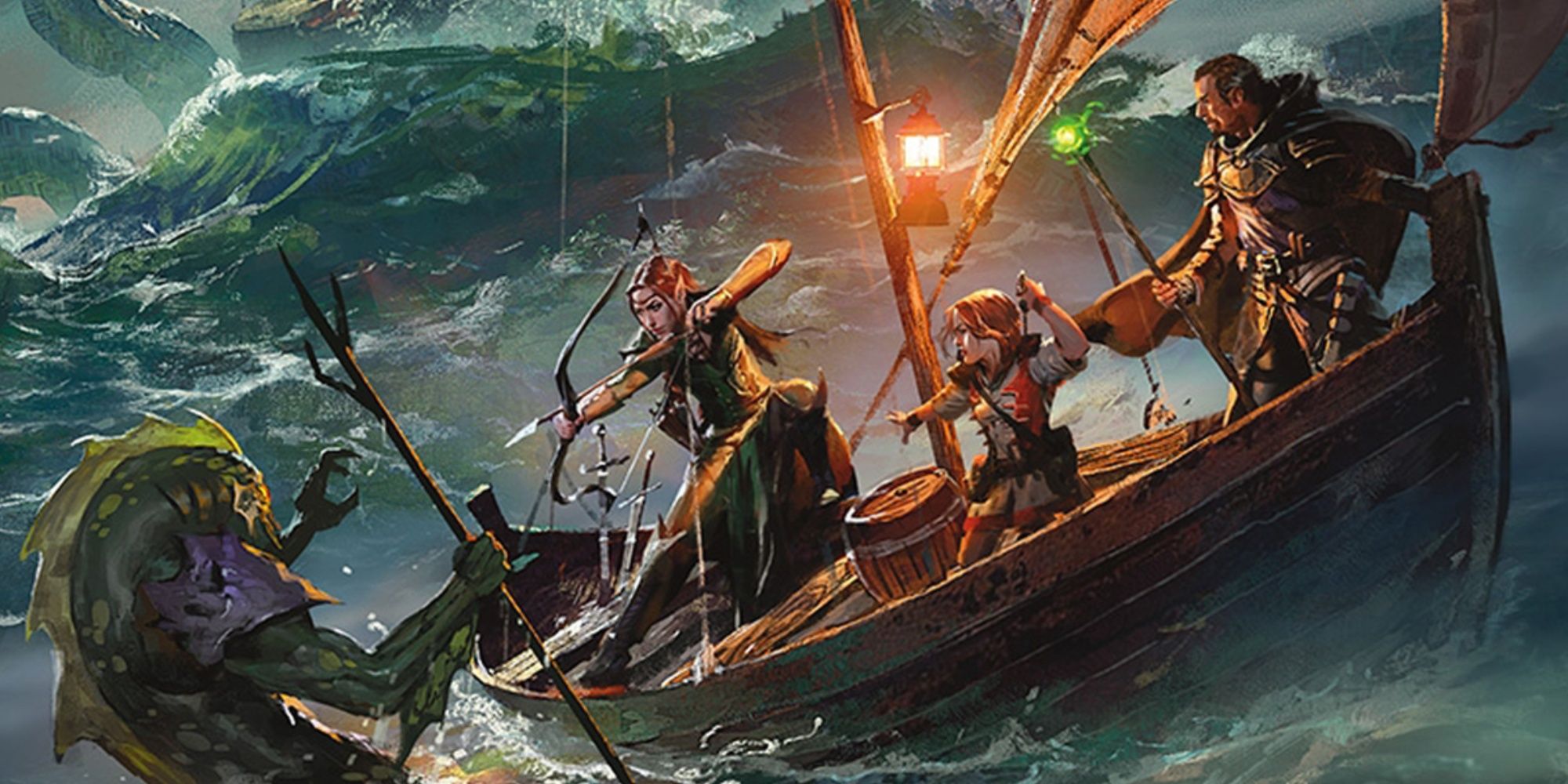 Two Warriors In A Sailing Boat Fighting A Sea Monster