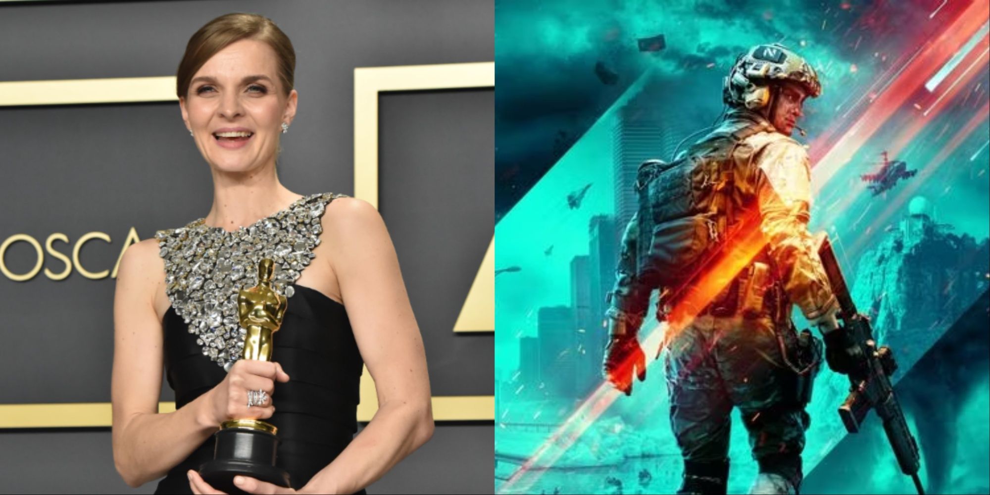 A split-image of composer Hildur Guðnadóttir holding her Oscar for Joker and the cover art with a soldier for Battlefield 2042.