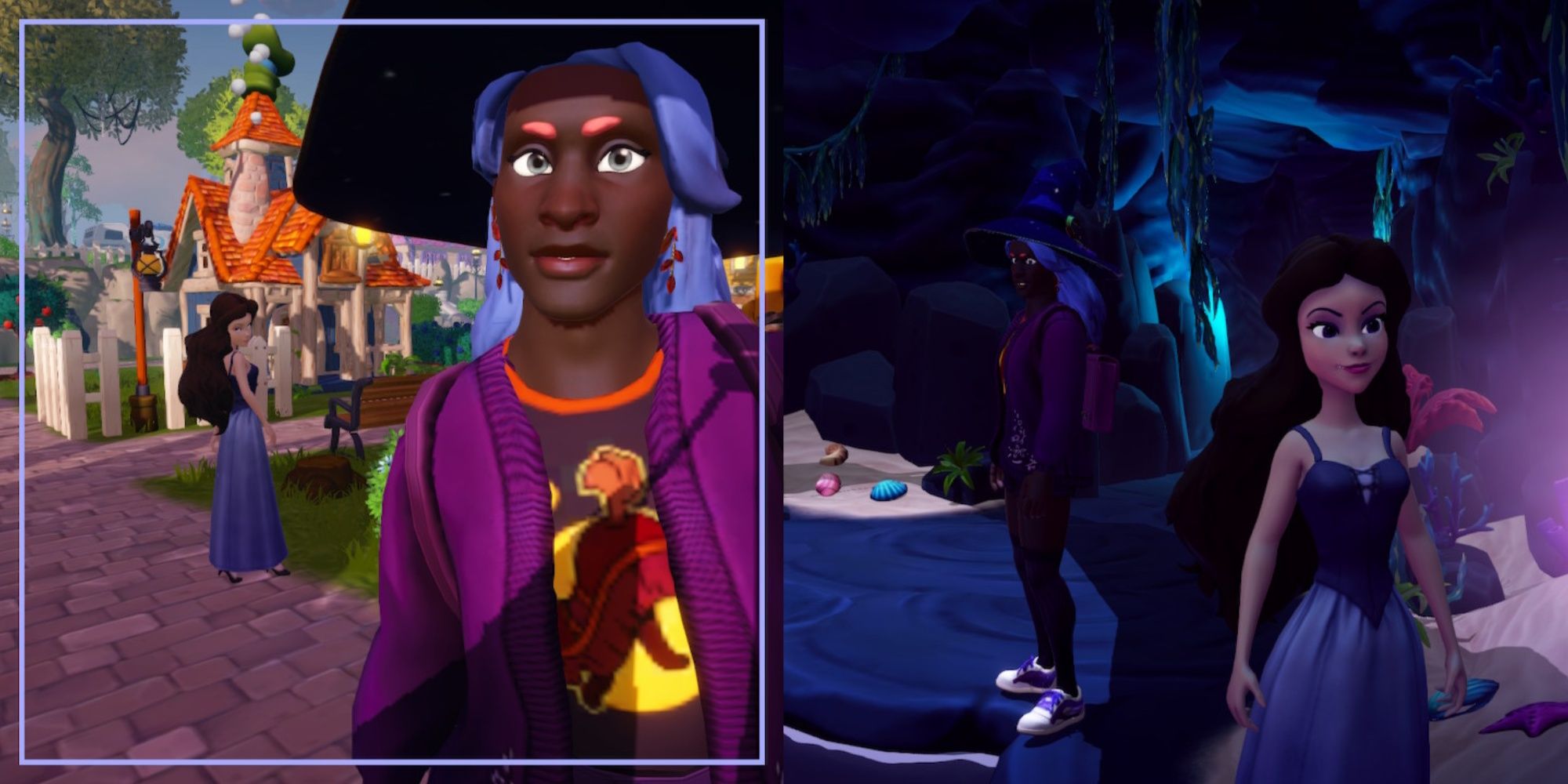 Split image featuring a player character and Ursula in her Vanessa transformation taking a selfie, and then a player character and Ursula as Vanessa inside her home in Disney Dreamlight Valley.