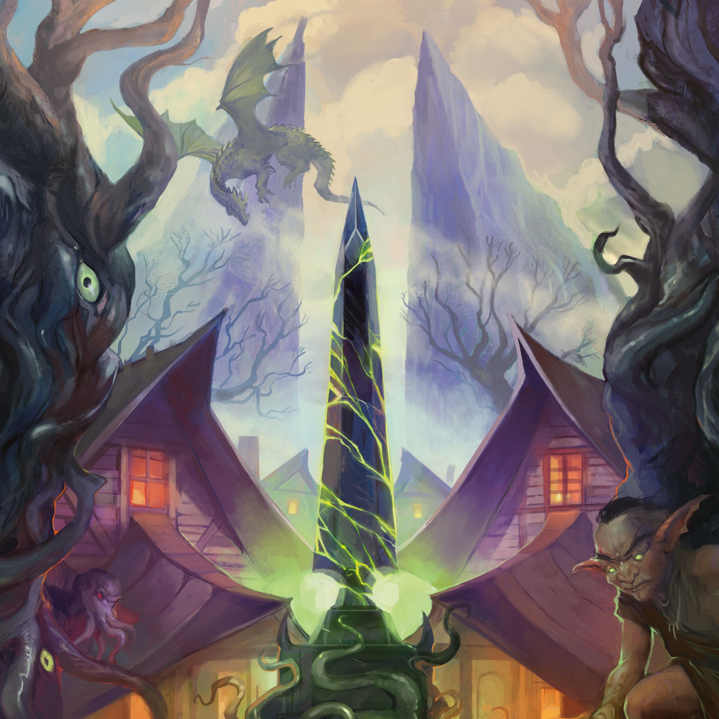 An obelisk stands with green energy from the Far Realm coursing through it