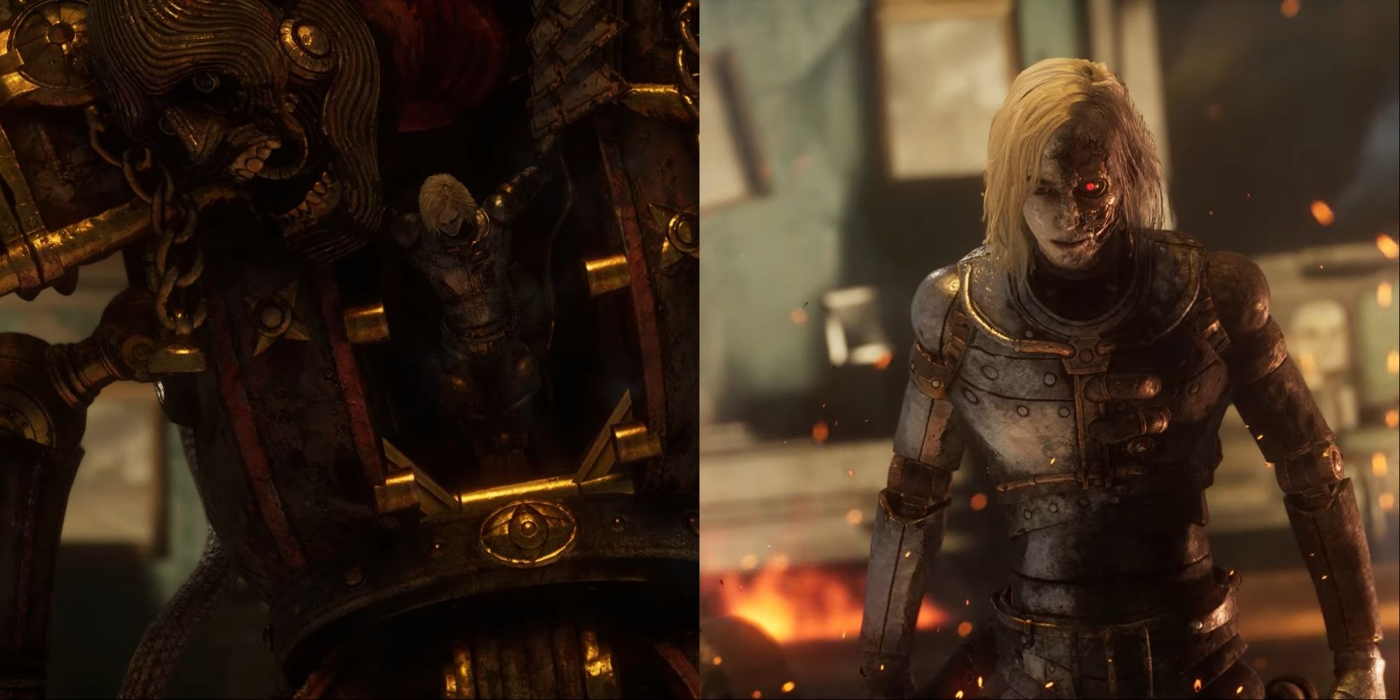 Split-image of Romeo inside the chamber of the giant King of Puppets doll and Romeo at the start of the second stage of the boss battle.