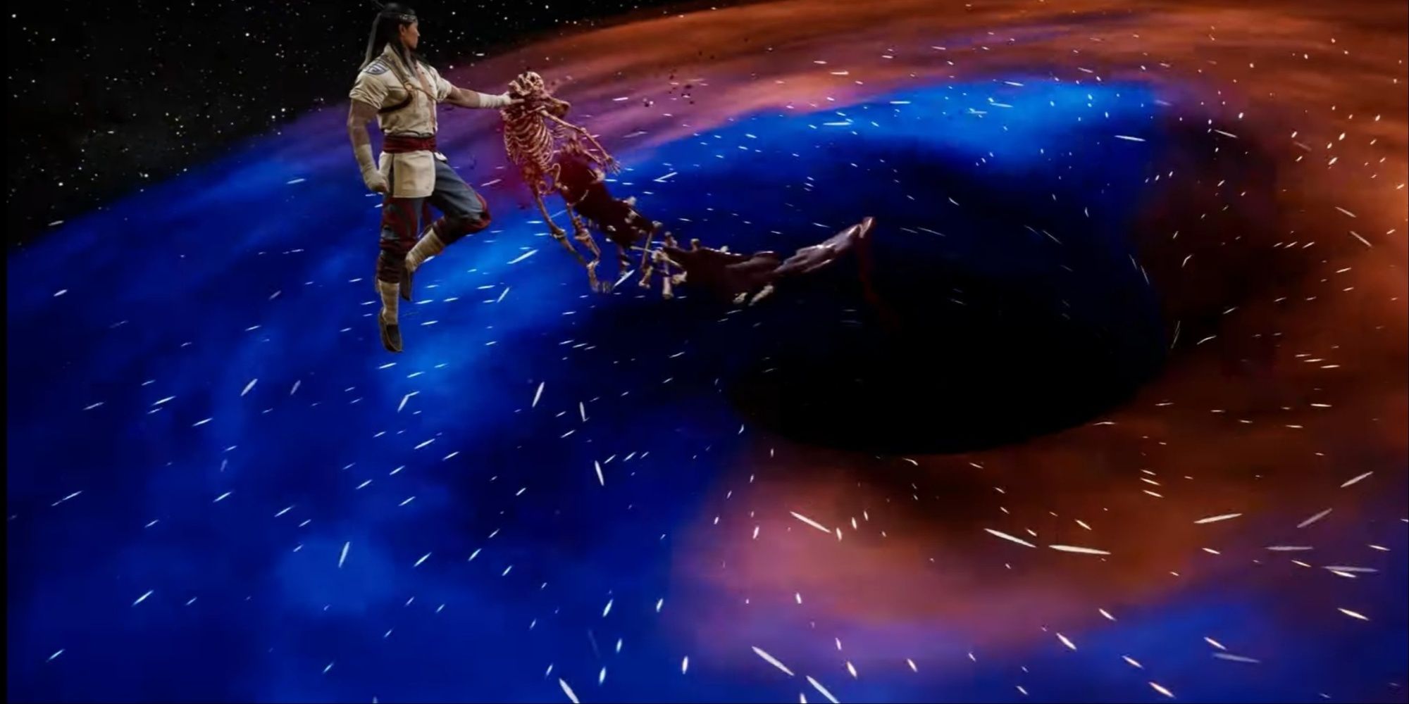 Liu Kang holding a dissolving skeleton above a swirling orange-blue black hole vortex he created in space.