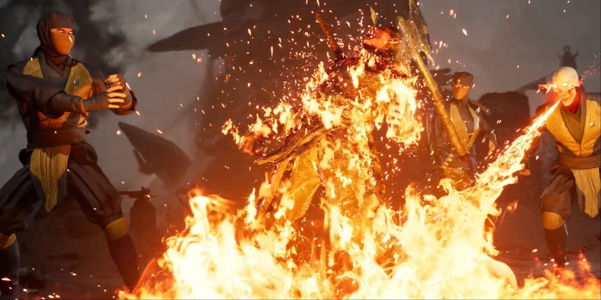A tag-team of three Scorpions with the classic design stabbing kitanas and axes into a fighter with flames scorching them as well.