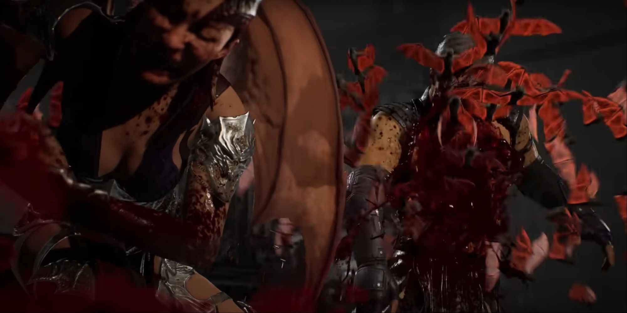 Nitara all bloody and crouching over as a flurry of red bats are flying out of a fighter she tore apart.