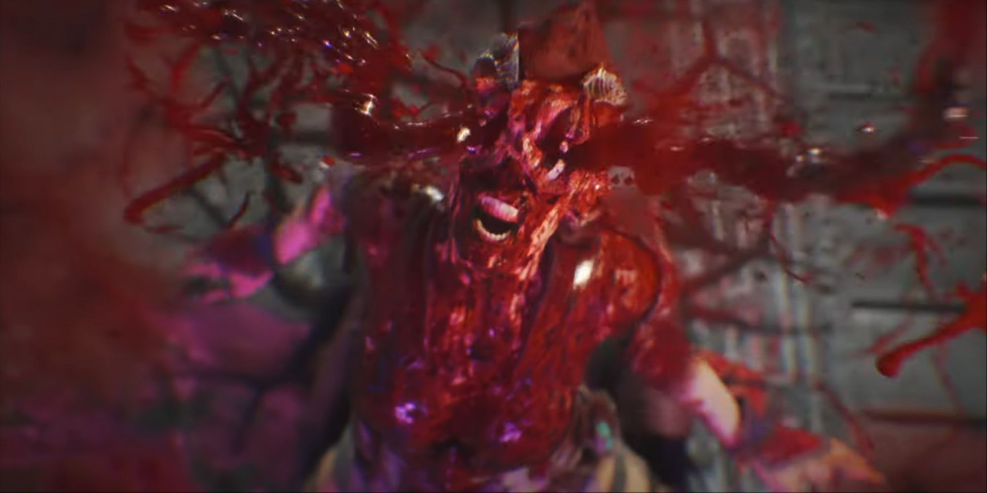 A close-up of a character completely getting blood and skin dissolving to muscle, with the eyes already missing as well due to Sindel's loud soundwave.