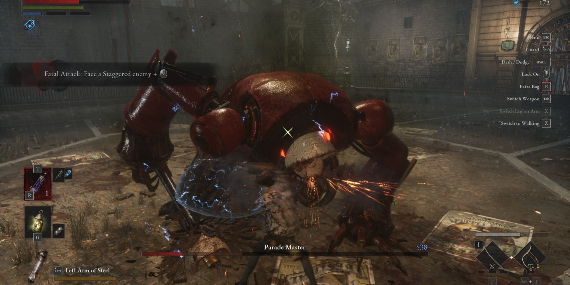The Puppet's Saber Blade Weapon being used on a staggered Parade Master Boss