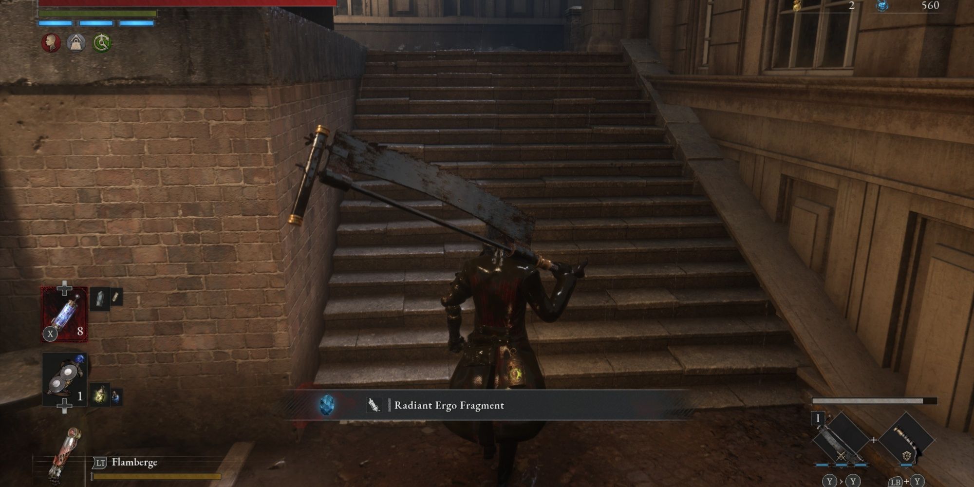 P carries the Bone-Cutting Sawblade, having obliterated an enemy with it seconds ago.