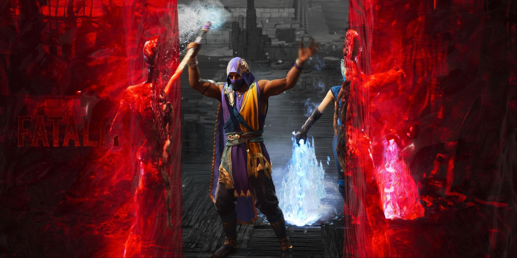 Rain raising his arms and staff as the wall of water is now red and a body of the opponent is torn apart by it as well, stuck inside the water trap.