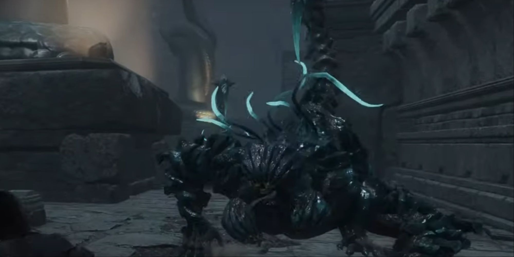 A giant scorpion creature approaching the player with stinger at the ready to strike.