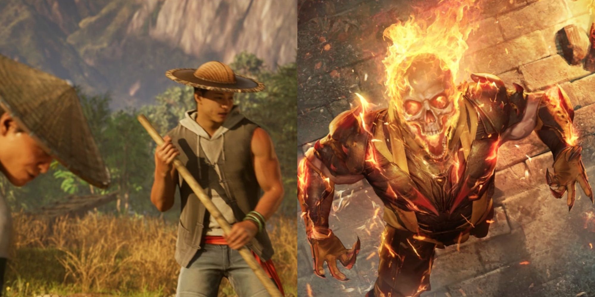 A collage of Kung Lao and Raiden working in the field and Scorpion revealing his fiery skull in Mortal Kombat 1.