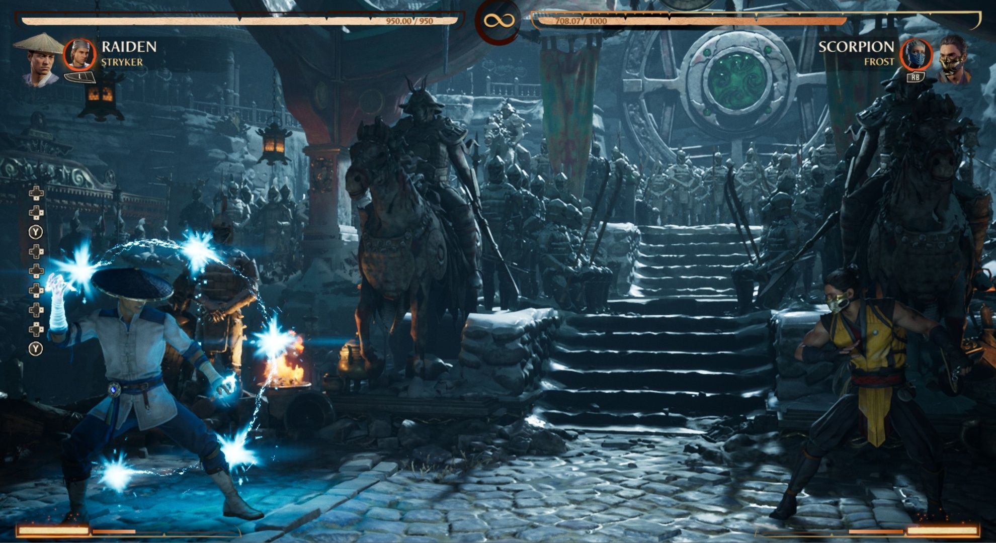 Raiden charges his projectiles to launch an attack against Scorpion in Mortal Kombat 1.